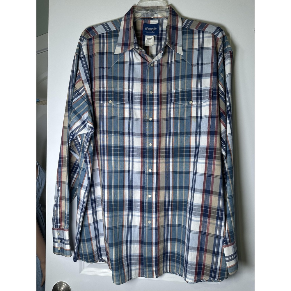 Wrangler Western Shirt Mens 2XL Tall Blue Plaid Pearl Snap Long Sleeve‎ Rodeo